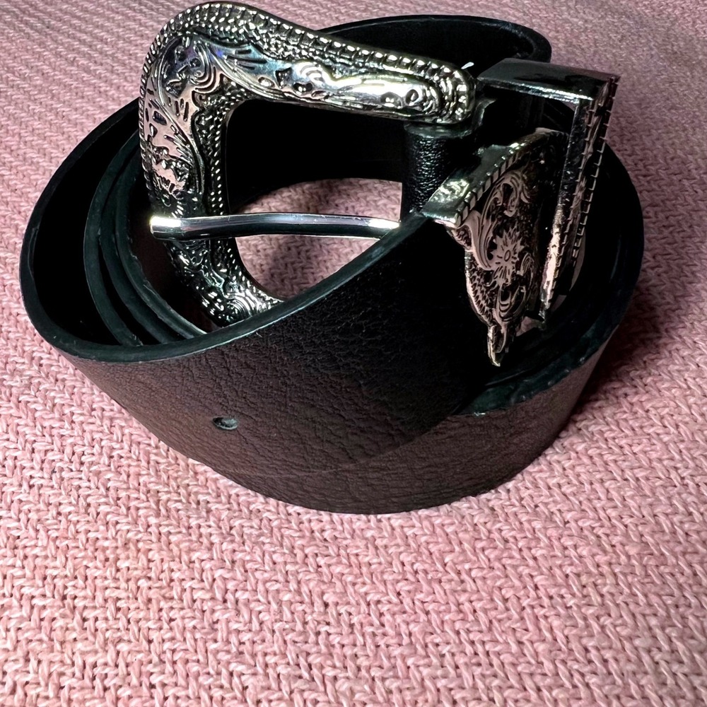 NOT FOR SALEWomens Western Black Faux Leather Belt Silver Ornate Engraved